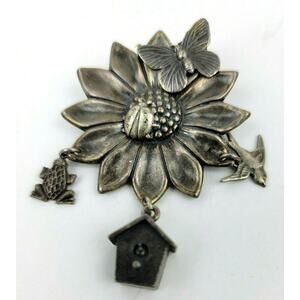 Sunflower Brooch Dangle Bird Frog Lady Bug Butterfly Charms 1.75 in Silver Tone